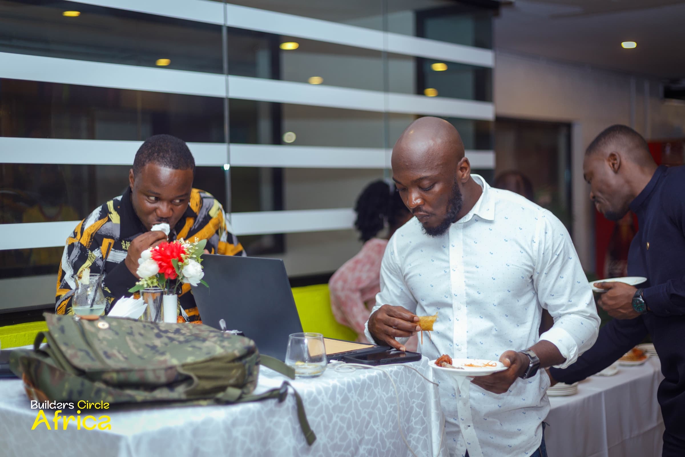Guests talking over dinner